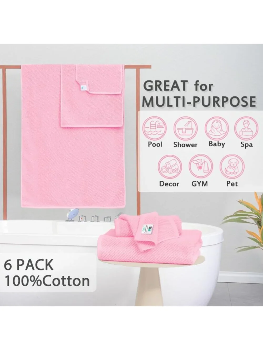 Soft Pink Cotton Towel Set of 6 - Quick Dry, Lightweight Bath & Hand Towels